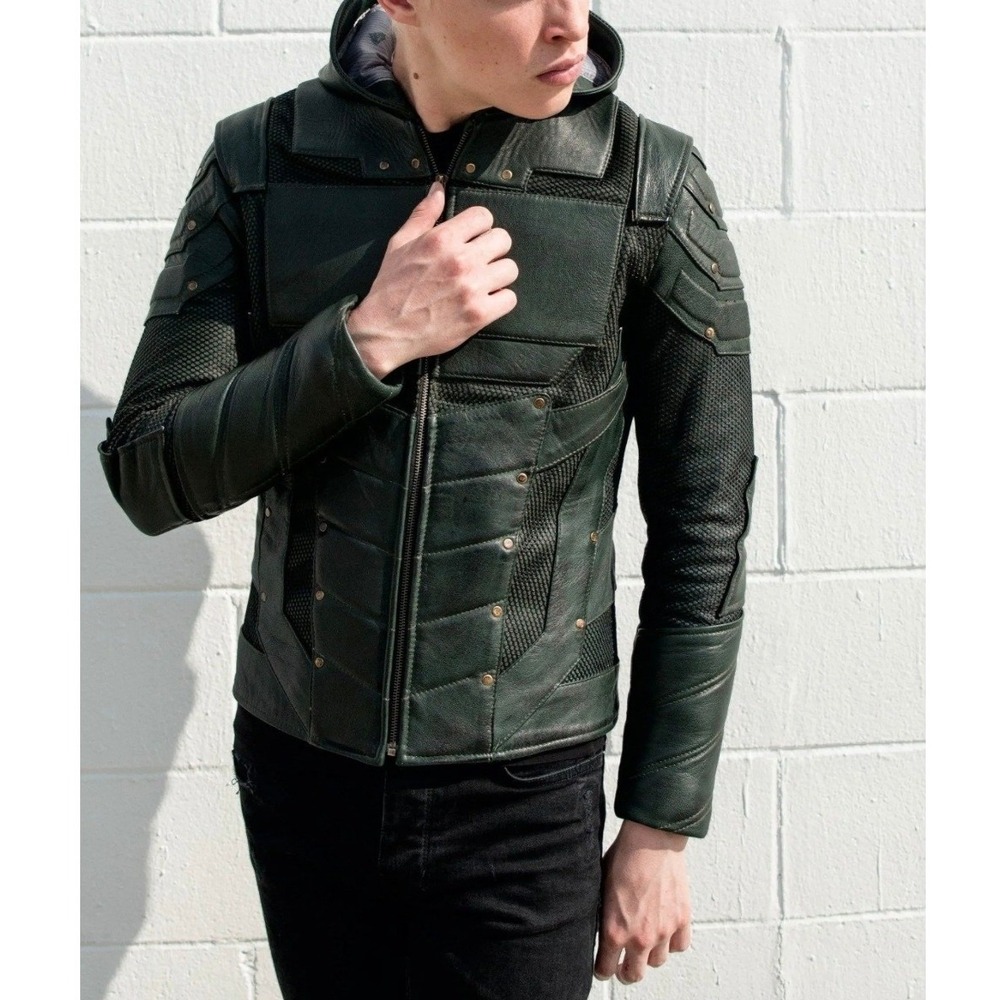 Luca Designs‎ Green Armor Leather Hooded Jacket Mens XL Lambskin Moto Coat